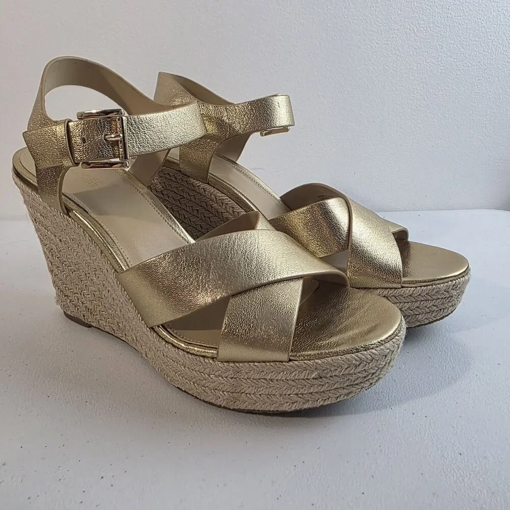 Michael Kors Espadrille Sandals Size 8.5 Platform Gold Leather Giovanna 5